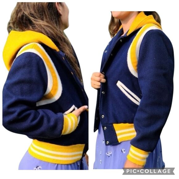 Vintage 80s Royal Yellow Varsity Jacket Women’s Size Medium Zip Up Hoodie Snaps - Picture 3 of 9